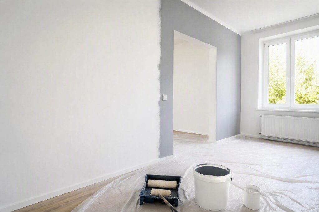 Wohnzimmer mit Farbrolle und gestrichener Wand. KI-Symbolbild